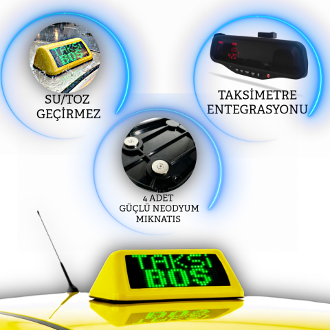 Akıllı Taksi Tepe Lambası - Taksimetre Entegre veya Manuel Mod, Mıknatıslı, 5 Farklı Modlu(Dolu-Boş-SOS-Servis Dışı- Rezerve) Su-Toz Geçirmez LED