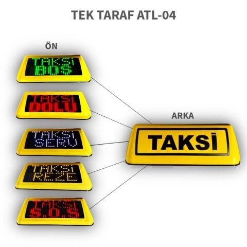 ATL-04 yeni nesil akıllı taksi tepe lambası: 5 modlu (BOŞ/DOLU/REZERV/SOS), kumandalı, mıknatıslı, su geçirmez. 2 yıl garanti, hızlı kargo. Yurt Elektronik güvencesiyle